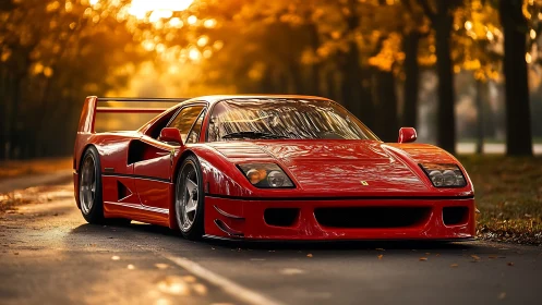 Red sports coupe on tree-lined road in autumn light period