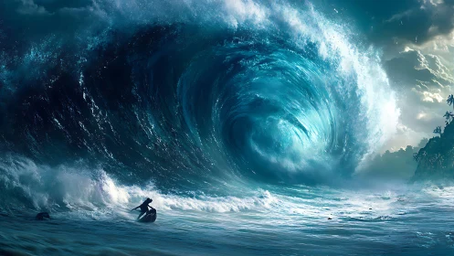 Enormous luminous wave curls toward lone boat in storm