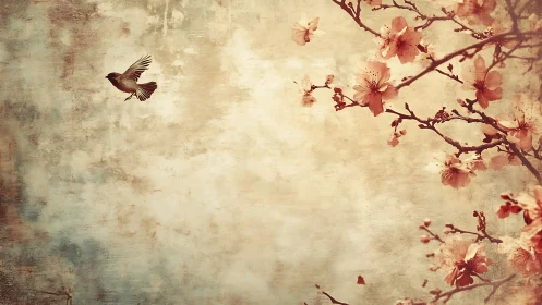 Sparrow crossing textured sky toward stylized cherry blossoms
