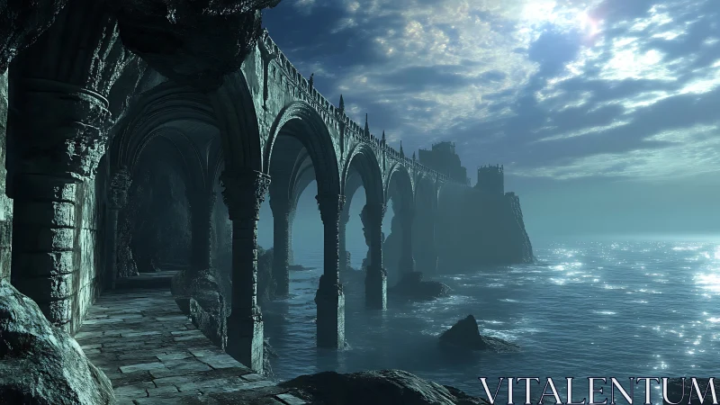Moonlit ruined coastal arcade with gothic arches and surf