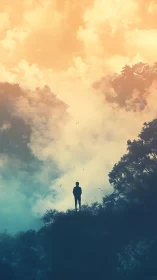 Atmospheric gradient vista with solitary human silhouette poised.