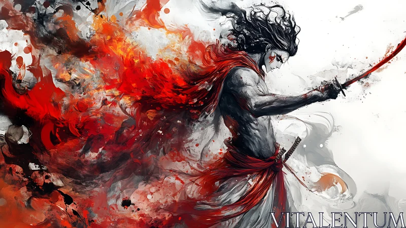 Dynamic samurai swordsman rendered with explosive red fluid dynamics