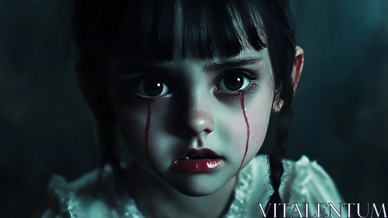 Digital portrait of young girl with stylized blood tears.