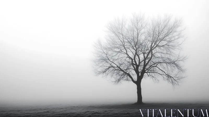 Leafless tree stands alone on flat ground in dense fog