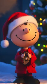 Smiling boy in Santa hat under glowing Christmas tree.