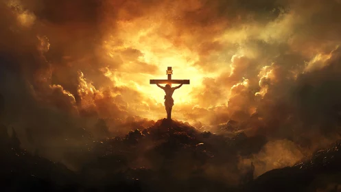 Cruciform silhouette ignites a storm-split apocalyptic sky.