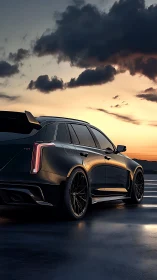 High-performance black SUV at dusk with reflective wet asphalt