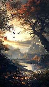 Autumn Forest Canyon with River and Flying Birds at Sunset.