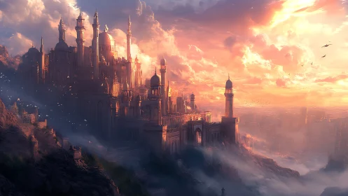 Sunlit fantasy citadel stands over misty coastal cliffs