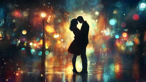 Silhouette Embrace Under Neon City Lights