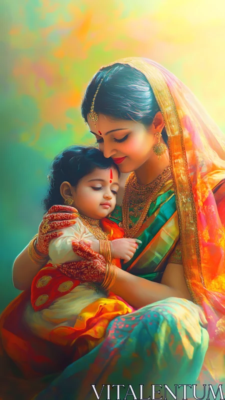 Woman and Child in Traditional South Asian Formal Dress