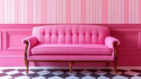 Pink vintage sofa set in monochrome candy interior.