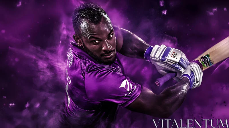 Cricketer in purple kit swings bat through dense purple haze