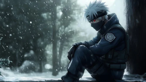 Snowy forest shinobi portrait with masked ninja in profile