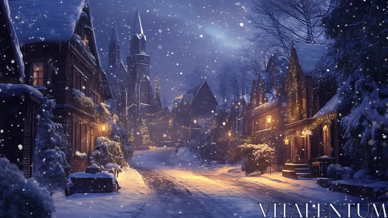 Snowy village street under warm lantern light at night.