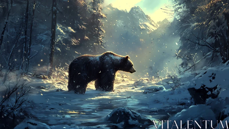 Solitary brown bear crossing luminous winter forest stream.