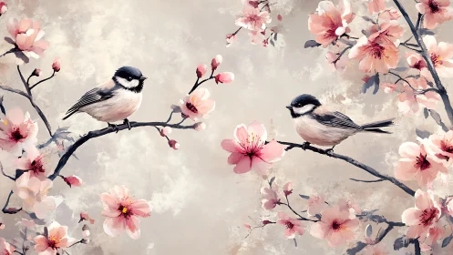 Sparrows perch among soft pink cherry blossoms in spring