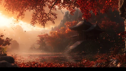 Tranquil autumn temple retreat glowing beside calm water.