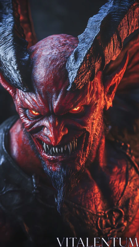 Horned infernal warlord in searing red rim light portrait.