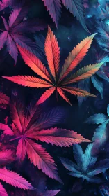 Neon cannabis foliage rendered in high-contrast bicolor gradient lighting