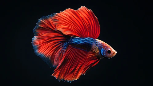 Radiant betta fish with flowing red fins on black background.