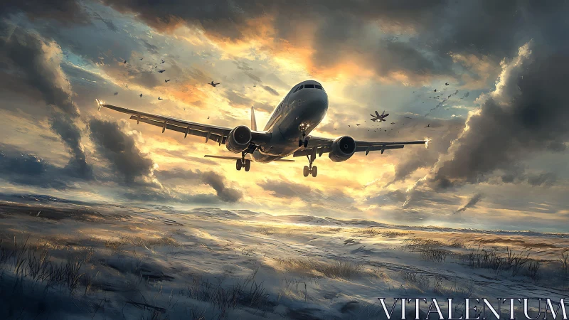 Digital painting of airliner over winter tundra at sunset.