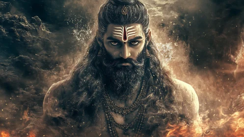 Mythic warrior portrait amid swirling fire and smoke.