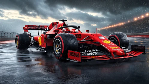 Scarlet F1 predator coils for attack on a rain-glazed track.