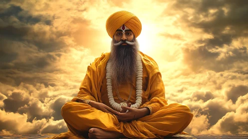 Radiant turbaned sage in golden-cloud atmospheric symmetry.