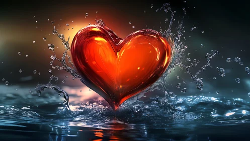 Luminous Red Heart Erupting Through Water Splash