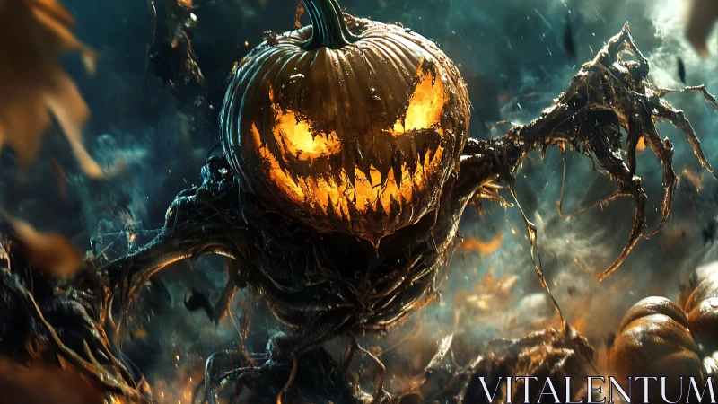 Menacing jack o lantern monster in dark haunted field.