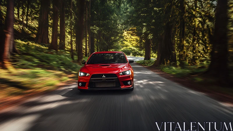 Bold red sports car enjoys a spirited drive through the forest
