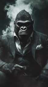Power-broker gorilla in tailored tux amid swirling smoke.