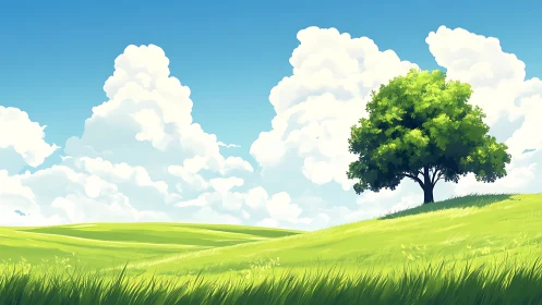 Digital landscape shows lone tree on grassy hillside under clouds