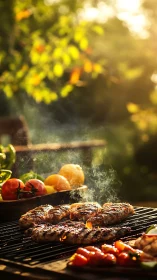 Grill cooks seasoned meat and vegetables in warm sunlight