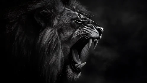 Roaring lion head rendered in high contrast monochrome profile