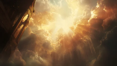 Sunlit citadel adrift in clouds of burning gold and shadow.