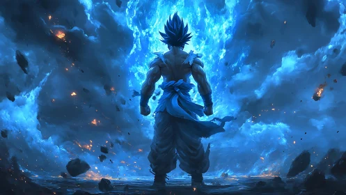 Warrior ignites cosmic blue energy amid swirling destruction.
