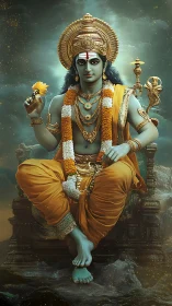 Divine blue-skinned deity sits serenely on ornate golden throne.
