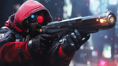 Cyberpunk sniper in red hood aims pistol in neon alley.