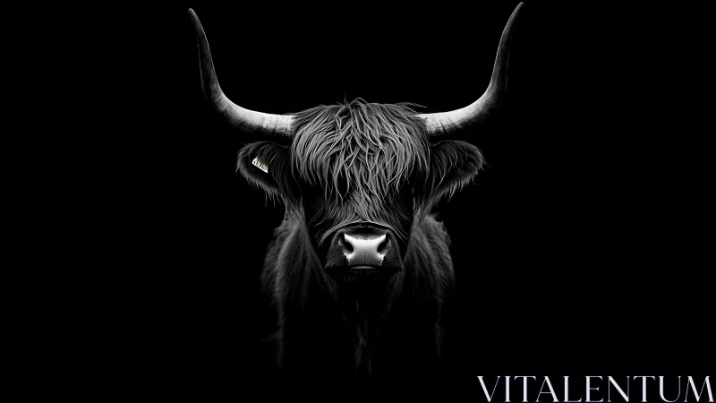 Highland bull portrait in stark monochrome chiaroscuro.
