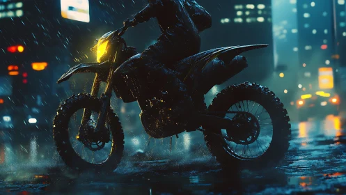 Motorcyclist cuts through neon rain on slick urban streets.