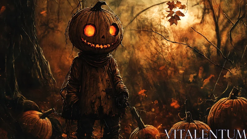 Pumpkin-headed scarecrow glows ominously in haunted forest night