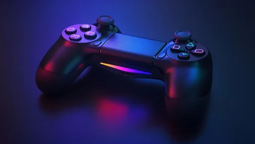 Gaming controller rendered in neon RGB lighting.