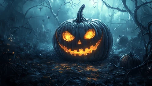 Glowing jack-o’-lantern haunts a foggy, twisted forest night.