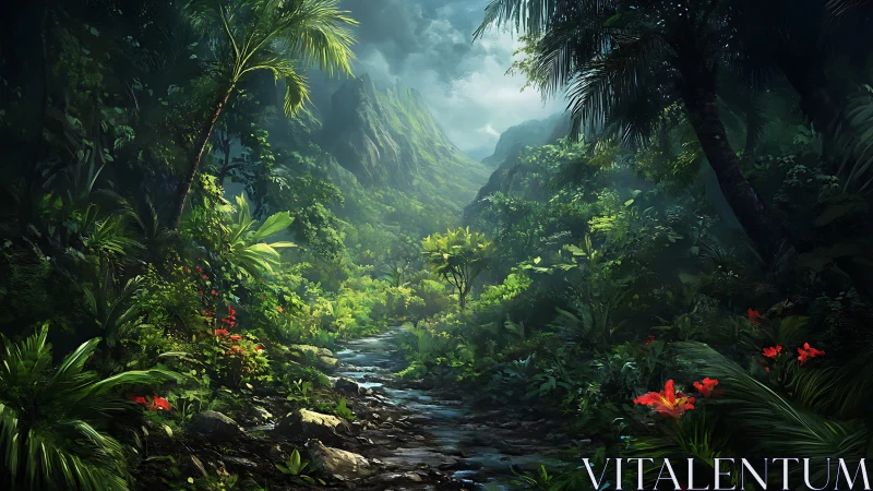 Lush Tropical Canyon Valley with Cascading Stream and Vibrant Flora.