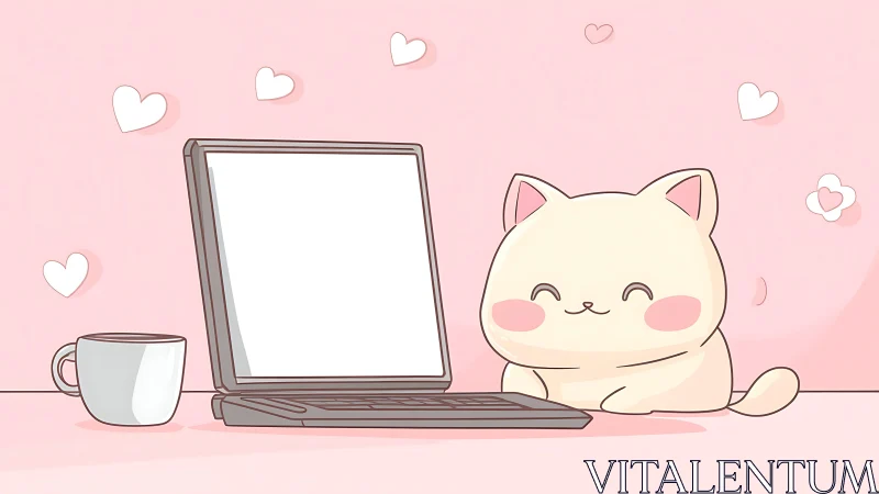 Cute pastel cat smiles beside laptop in cozy pink workspace