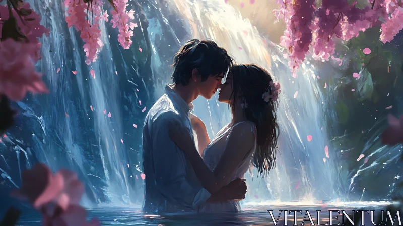 Luminous Encounter: Waterfall Romance in Digital Reverie.