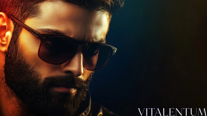 Confident bearded man in sunglasses enjoys a moody, vivid glow