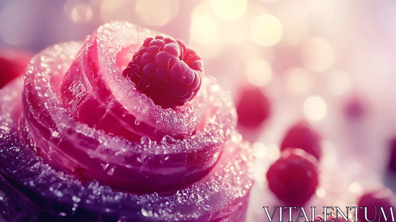 Frost-covered raspberry with bokeh background and macro detail.